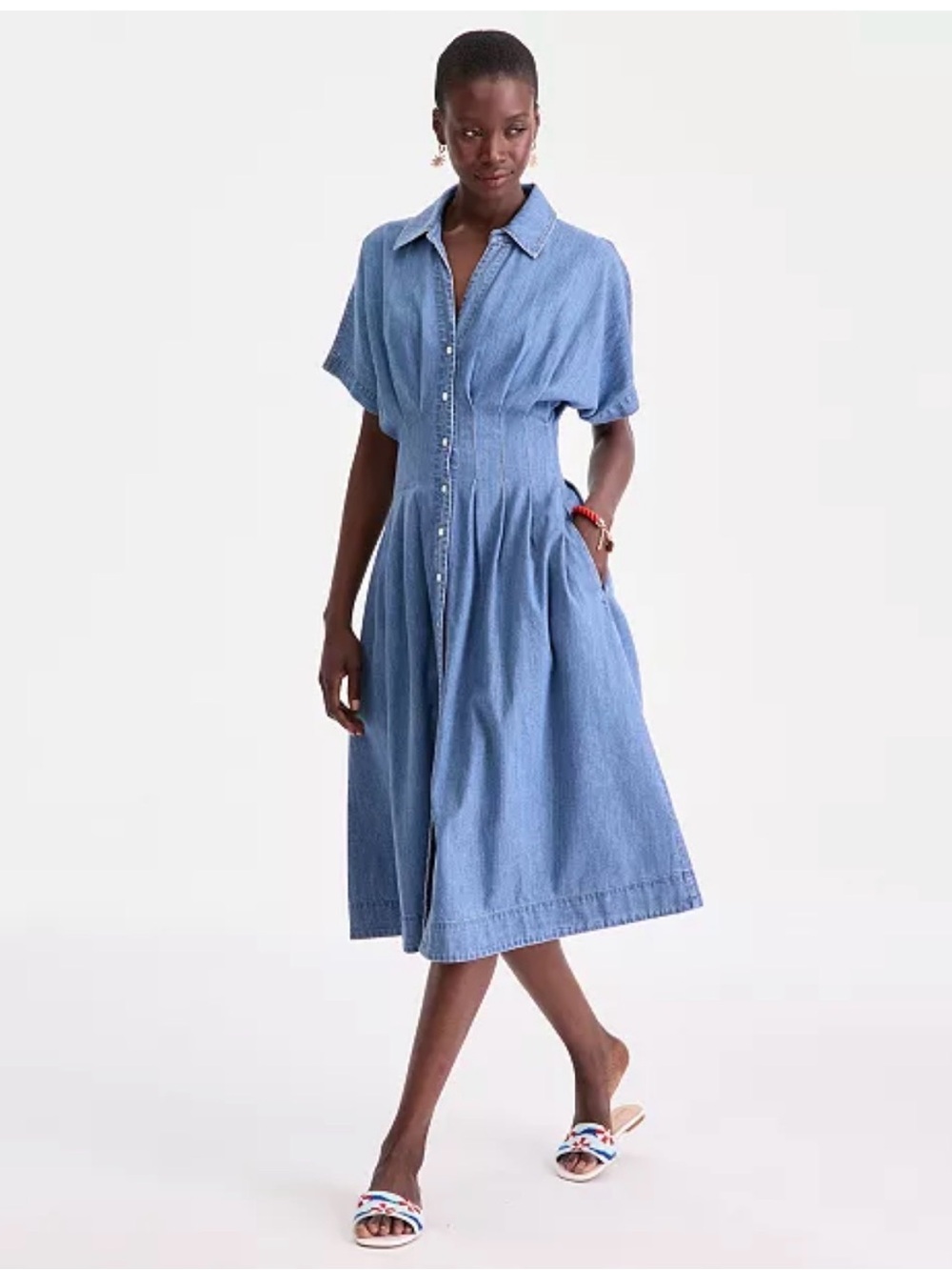On 34th Denim Midi Shirt Dress Size L Button Front Pleated Waist